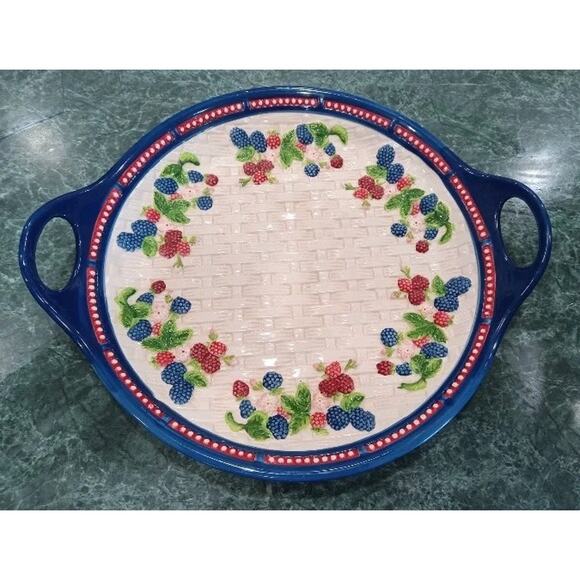 Temp Tations Figural fruit Mixed Berries Platter Tray Large Handles Basket Weave - Picture 1 of 8